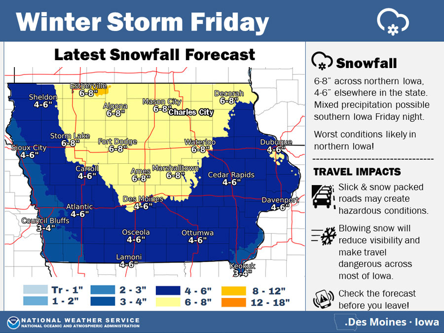 Cold Wednesday night, Thursday morning; heavy snow on Friday for Charles City area