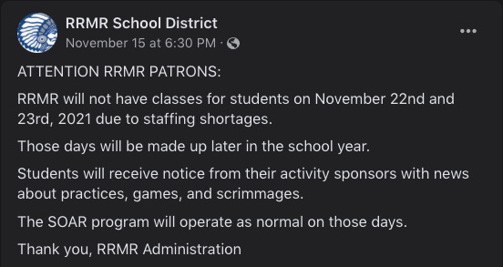 RRMR students get extra days off this week because of staff shortage