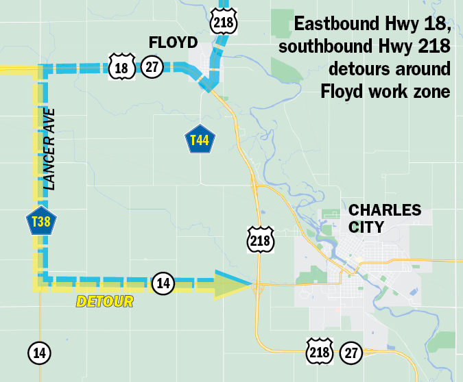 Eastbound U.S. 18, southbound 218 near Floyd will detour beginning Monday, June 6
